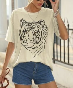 Best Sale β Pink Daisy Beige Tiger Face Oversize Short-Sleeve Tee - Plus π