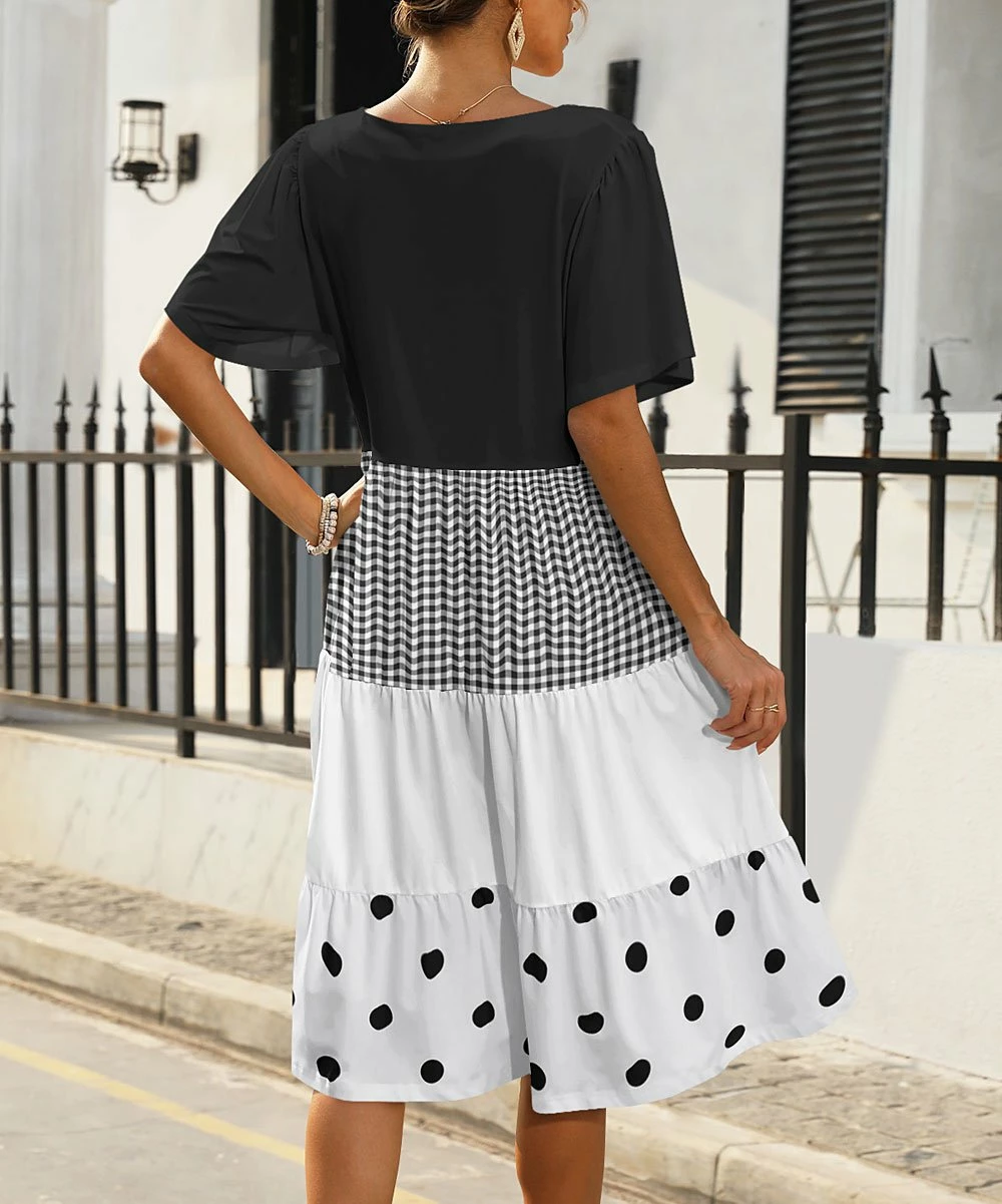 Discount π Pink Daisy Black & White Color Block Tiered Bell-Sleeve V-Neck π Dress - π© Women & Plus π€© - Image 2