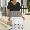 Discount 👍 Pink Daisy Black & White Color Block Tiered Bell-Sleeve V-Neck 👗 Dress - 👩 Women & Plus 🤩