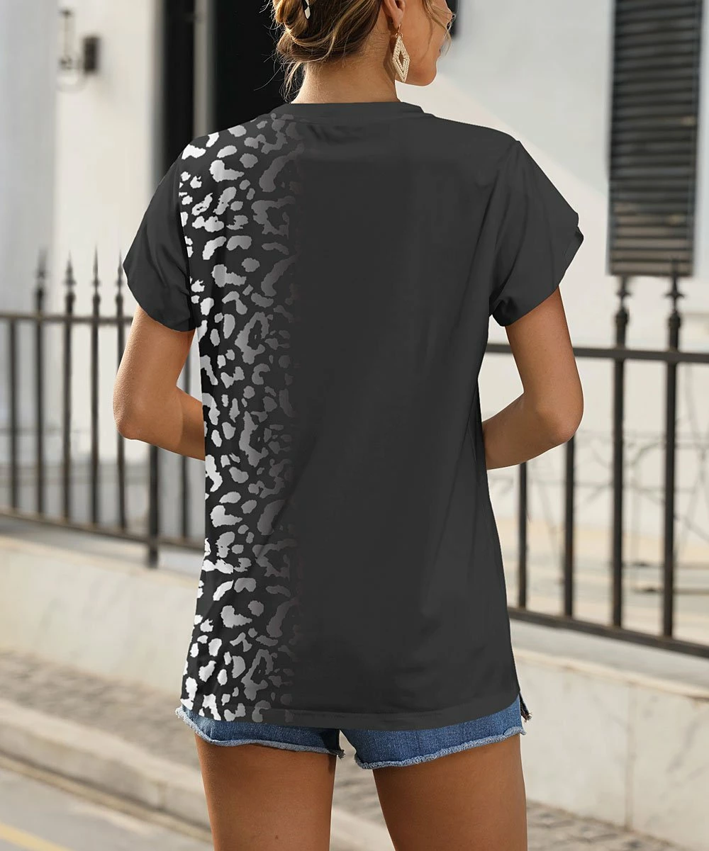 Top 10 β¨ Pink Daisy Black & White Leopard Ombre-Accent V-Neck Tee - π© Women & Plus π - Image 2