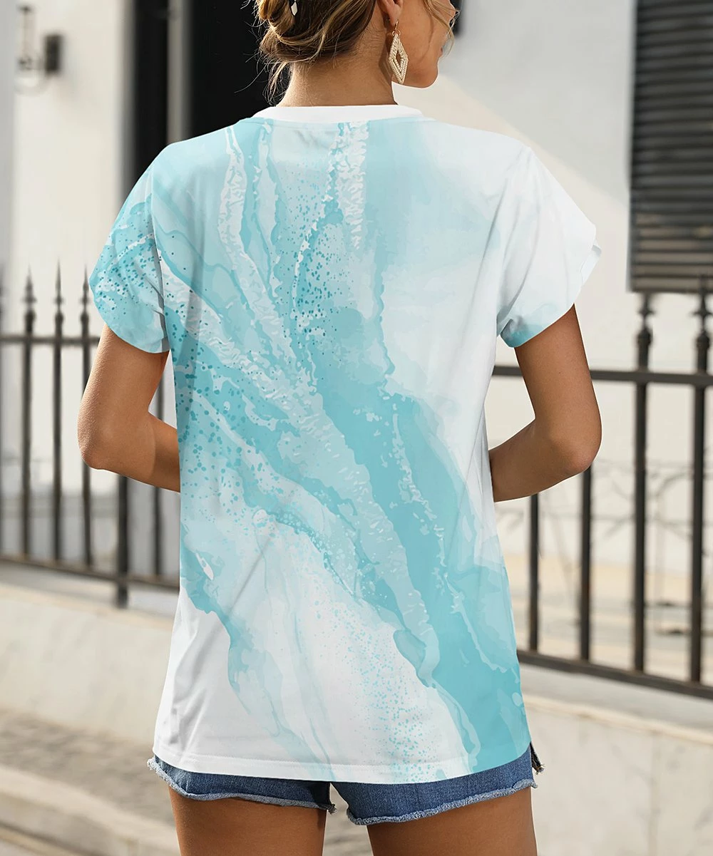 Budget 𧨠Pink Daisy White & Blue Marbleized Flutter-Sleeve V-Neck Top - π© Women π€© - Image 2