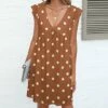 Best deal 👏 Pink Daisy Brown & White Polka Dot Flutter-Sleeve V-Neck 👗 Dress - 👩 Women ✨