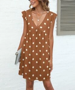 Best deal 👏 Pink Daisy Brown & White Polka Dot Flutter-Sleeve V-Neck 👗 Dress - 👩 Women ✨