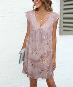 New β Pink Daisy Pink & Gold Flutter-Sleeve V-Neck Shift π Dress - π© Women π―