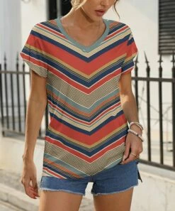 Brand new 😀 Pink Daisy Red & Blue Stripe V-Neck Tee - 👩 Women & Plus 🛒