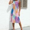 Cheap 🔥 Pink Daisy Pink & Blue Abstract Side-Slit Sleeveless Midi 👗 Dress - 👩 Women 🎉