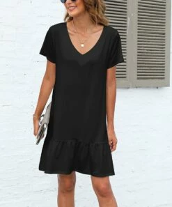 Coupon ❤️ Pink Daisy Black Ruffle-Hem V-Neck 👗 Dress - Plus 💯