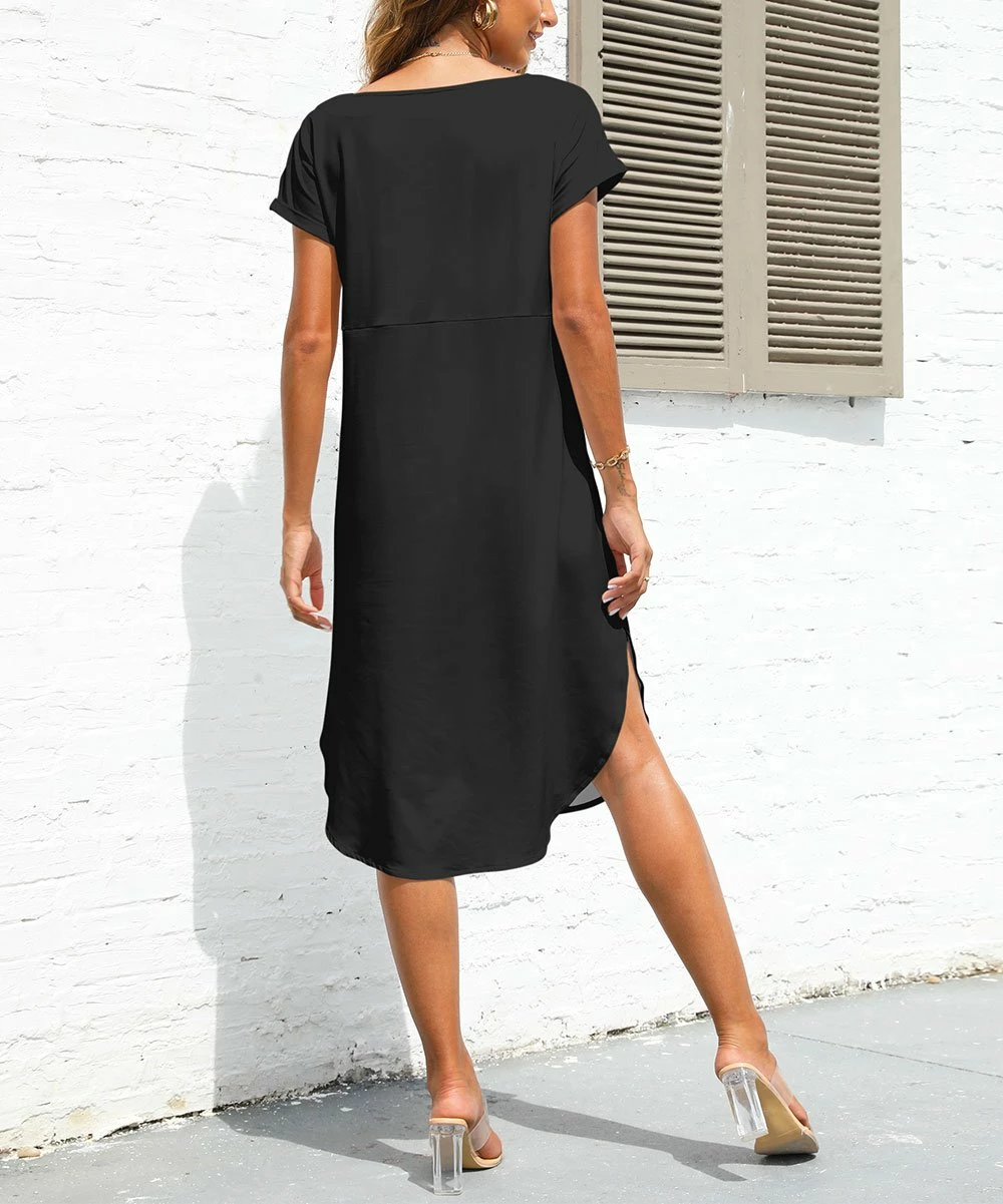 Brand new π Pink Daisy Black Curved-Hem V-Neck π Dress - π© Women π - Image 2