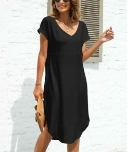Brand new π Pink Daisy Black Curved-Hem V-Neck π Dress - π© Women π