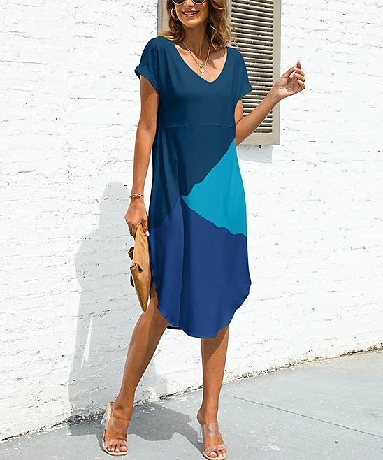 Outlet β¨ Pink Daisy Blue Color Block V-Neck A-Line π Dress - Plus π