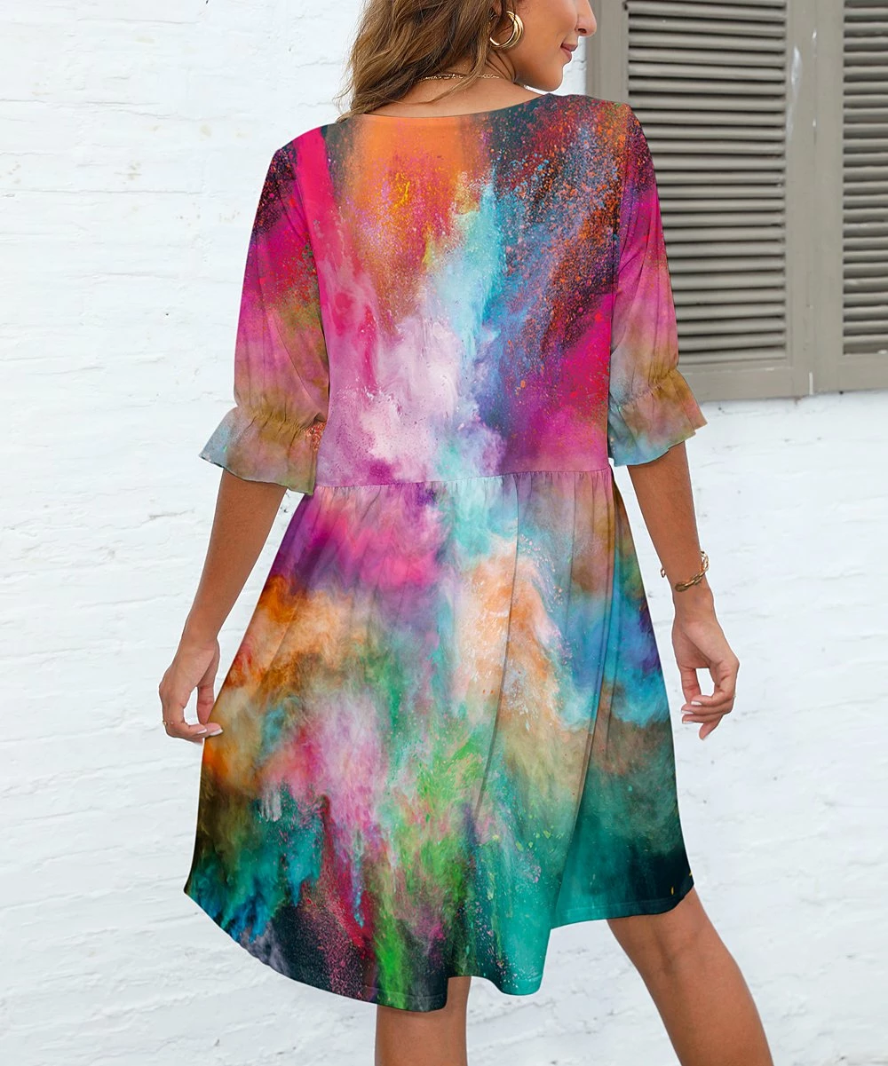 Best Pirce βοΈ Pink Daisy Pink & Green Abstract V-Neck π Dress - π© Women & Plus β - Image 2