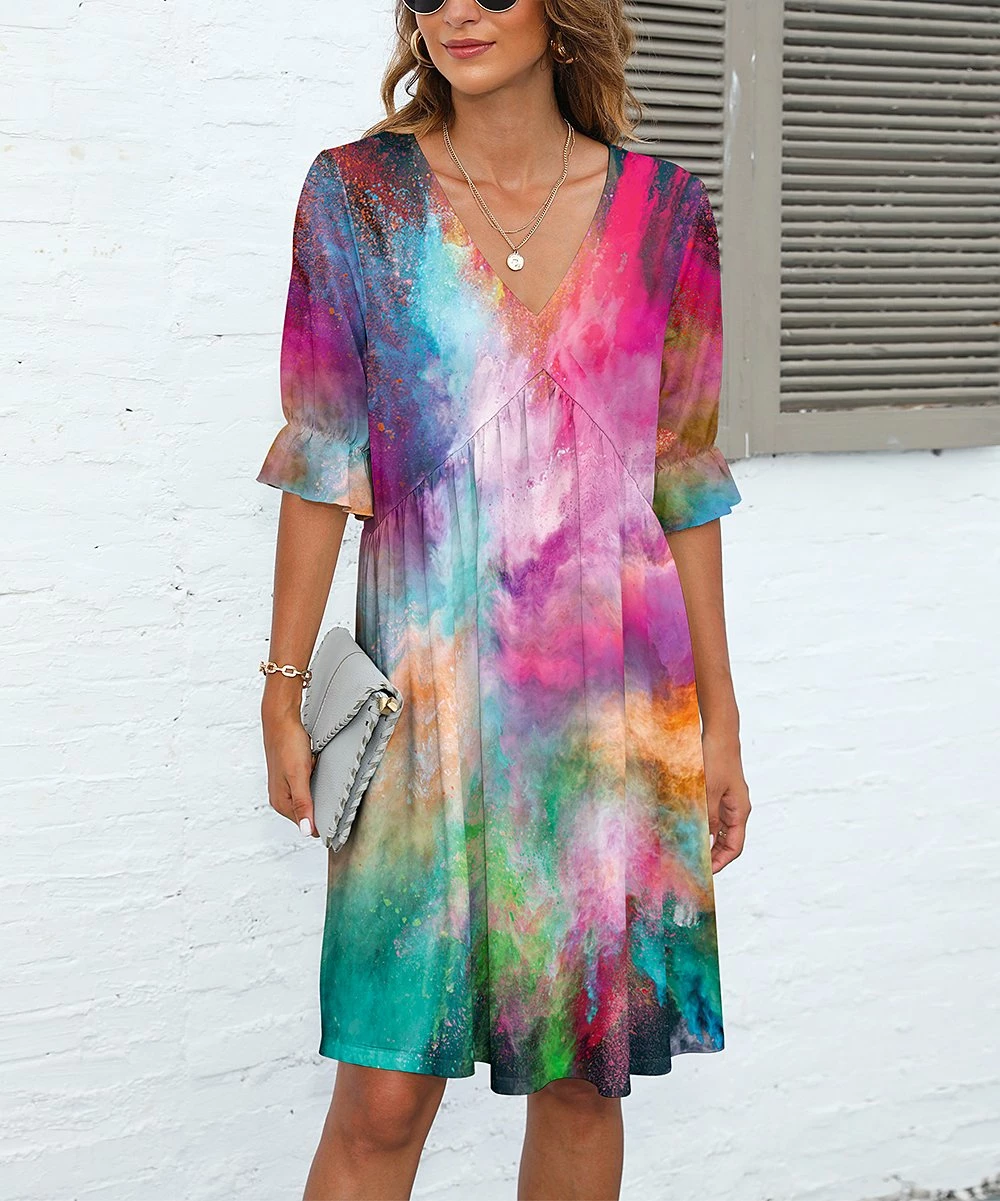 Best Pirce βοΈ Pink Daisy Pink & Green Abstract V-Neck π Dress - π© Women & Plus β