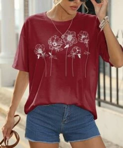 Top 10 β Pink Daisy Red Floral Crewneck Short-Sleeve Oversize Tee - π© Women β€οΈ