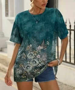 Wholesale π Pink Daisy Teal Floral Butterfly Short-Sleeve Tee - Plus π