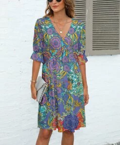 Promo 😍 Pink Daisy Pink & Purple Mandala Half Poet-Sleeve Surplice 👗 Dress - 👩 Women 😉