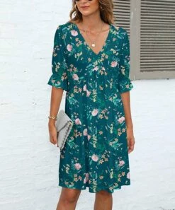 Top 10 π Pink Daisy Green Floral Half Poet-Sleeve V-Neck A-Line π Dress - π© Women β