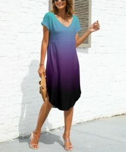 Top 10 π Pink Daisy Teal & Purple OmbrΓ© Curved-Hem V-Neck π Dress - π© Women π