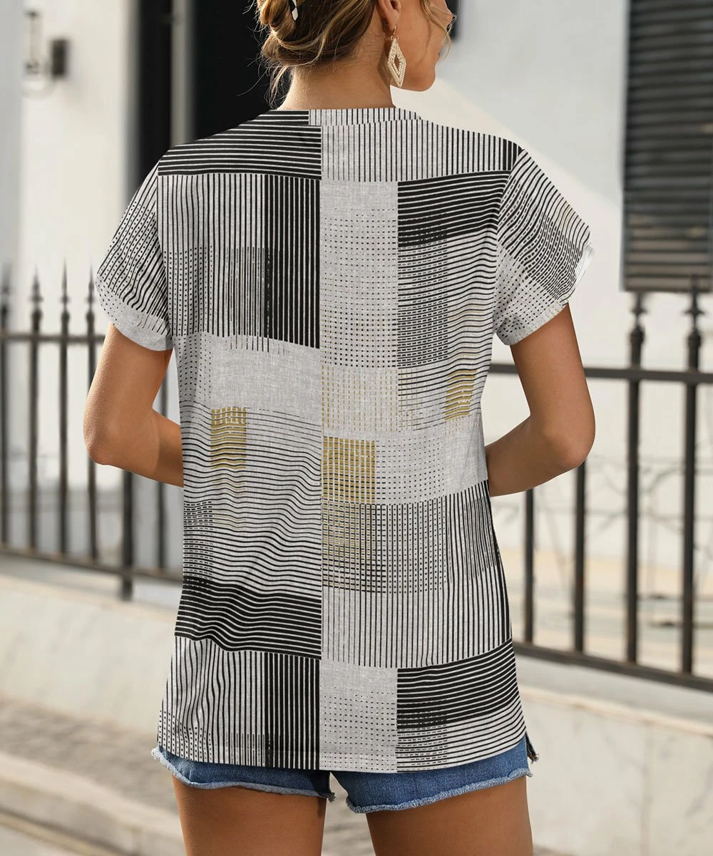 Best deal π Pink Daisy Gray Patch Tulip Sleeve V-Neck Tee - π© Women & Plus π - Image 2