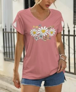 Top 10 π Pink Daisy Pink & White Daisy Tulip-Sleeve V-Neck Top - π© Women & Plus π€©