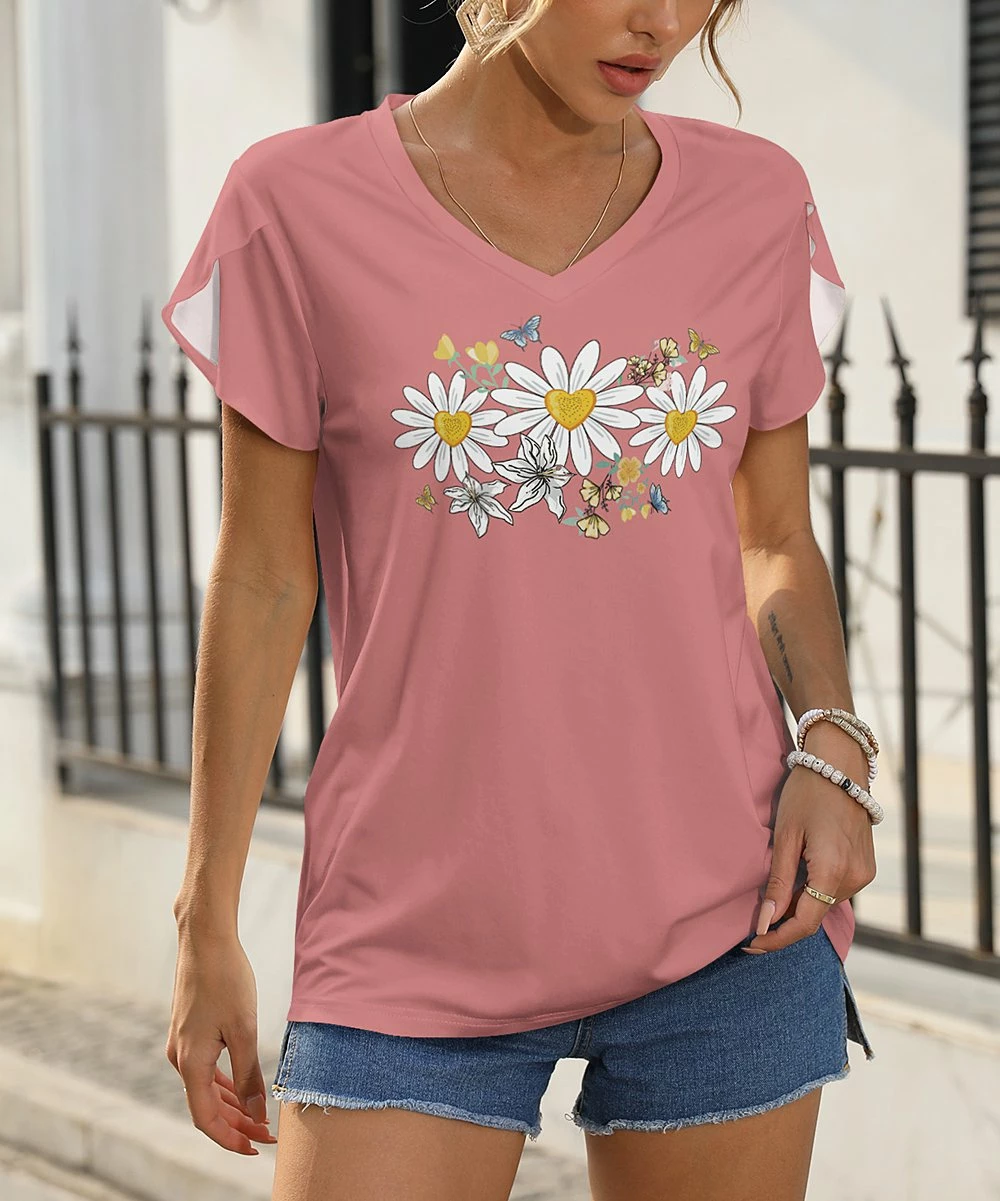 Top 10 π Pink Daisy Pink & White Daisy Tulip-Sleeve V-Neck Top - π© Women & Plus π€©