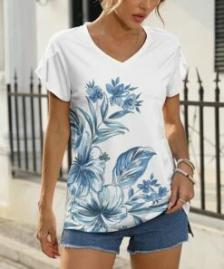 Best deal 🔔 Pink Daisy White & Blue Floral V-Neck Petal-Sleeve Top - 👩 Women ⭐