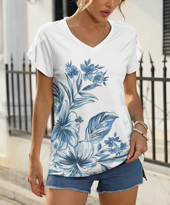 Best deal π Pink Daisy White & Blue Floral V-Neck Petal-Sleeve Top - π© Women β