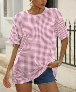Deals 🔥 Pink Daisy White & Pink Gingham Half-Sleeve Crewneck Tee - 👩 Women 🛒