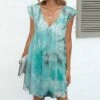 Budget 😉 Pink Daisy Turquoise & Green Tie-Dye V-Neck Flutter-Sleeve A-Line 👗 Dress - 👩 Women 😉