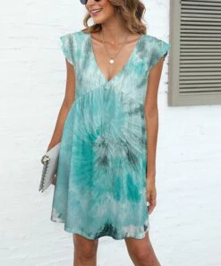 Budget 😉 Pink Daisy Turquoise & Green Tie-Dye V-Neck Flutter-Sleeve A-Line 👗 Dress - 👩 Women 😉