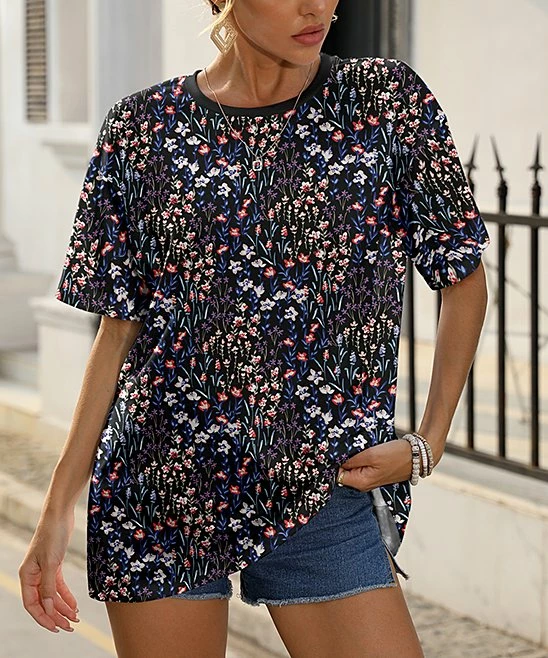 Best reviews of β¨ Pink Daisy Black & Blue Floral Tee - π© Women π