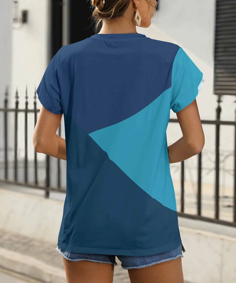 Best reviews of β Pink Daisy Blue Color Block V-Neck Short-Sleeve Tee - π© Women π₯° - Image 2