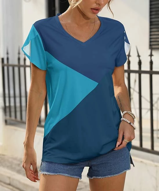 Best reviews of β Pink Daisy Blue Color Block V-Neck Short-Sleeve Tee - π© Women π₯°