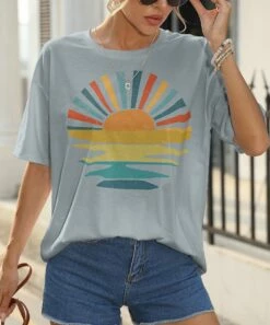 Best reviews of π Pink Daisy Blue-Gray & Orange Sunrise Oversize Tee - π© Women β€οΈ