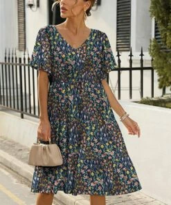 Wholesale π Pink Daisy Navy & Red Floral Tiered V-Neck A-Line π Dress - π© Women π€©