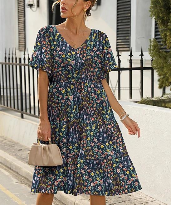 Wholesale π Pink Daisy Navy & Red Floral Tiered V-Neck A-Line π Dress - π© Women π€©