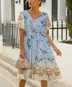 Discount 🧨 Pink Daisy Blue & Beige Geo Floral Tiered V-Neck A-Line 👗 Dress - Plus 🧨