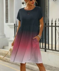 Wholesale ✨ Pink Daisy Red & Black Ombré Jewel-Neck Cap-Sleeve A-Line 👗 Dress - 👩 Women 😍