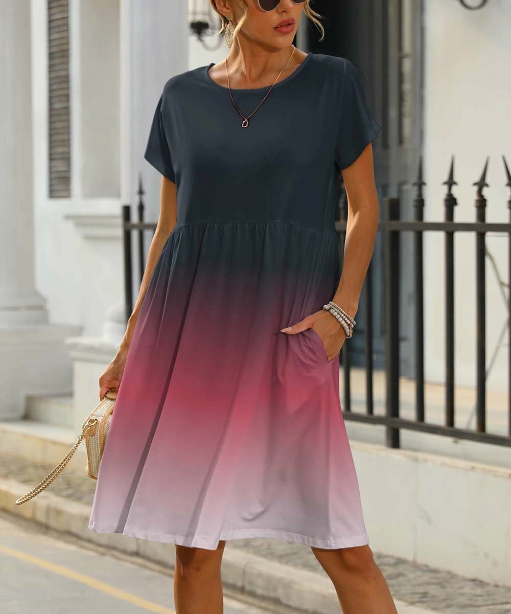 Wholesale β¨ Pink Daisy Red & Black OmbrΓ© Jewel-Neck Cap-Sleeve A-Line π Dress - π© Women π