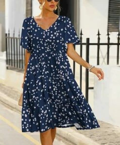 Buy 🥰 Pink Daisy Navy Floral Tiered Butterfly-Sleeve V-Neck 👗 Dress - Plus 🤩