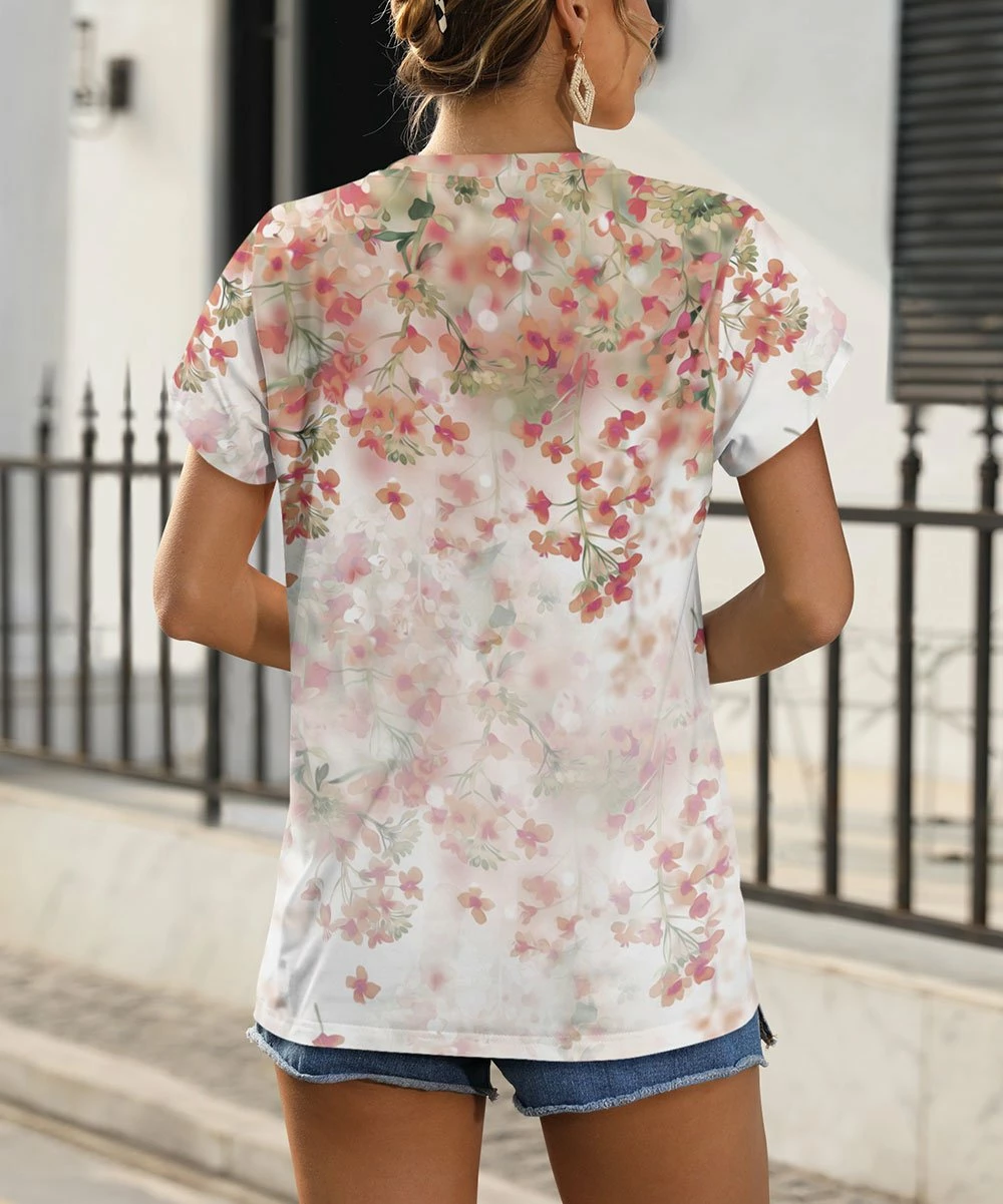 Hot Sale 🧨 Pink Daisy White & Peach Ombré Floral V-Neck Tee - Plus ✔️ - Image 2