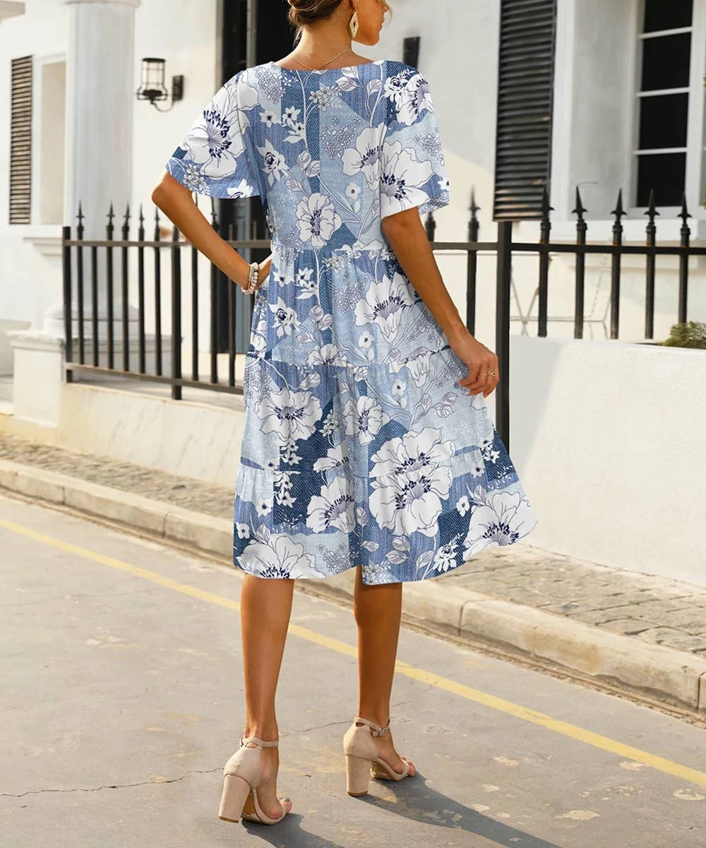 Wholesale π₯ Pink Daisy Blue Floral Tiered Butterfly-Sleeve V-Neck π Dress - π© Women π― - Image 2