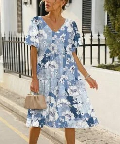 Wholesale π₯ Pink Daisy Blue Floral Tiered Butterfly-Sleeve V-Neck π Dress - π© Women π―