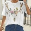 Best Sale 👍 Pink Daisy White Floral Deer Crewneck Tee - 👩 Women 🛒
