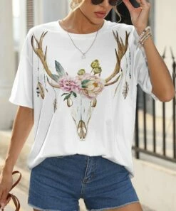 Best Sale 👍 Pink Daisy White Floral Deer Crewneck Tee - 👩 Women 🛒
