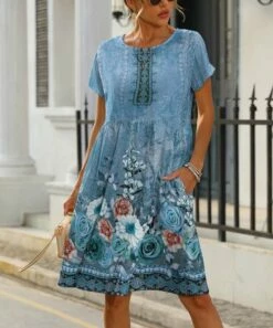 Wholesale 🧨 Pink Daisy Blue Geometric Floral Pocket A-Line 👗 Dress - 👩 Women 😀