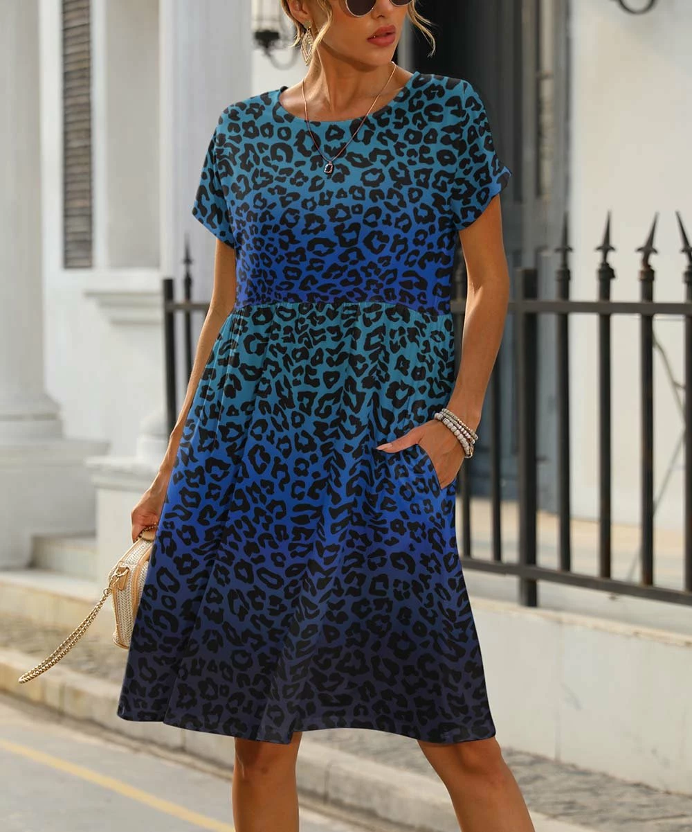 Discount 𧨠Pink Daisy Blue & Teal OmbrΓ© Leopard Jewel-Neck Cap-Sleeve A-Line π Dress - π© Women π