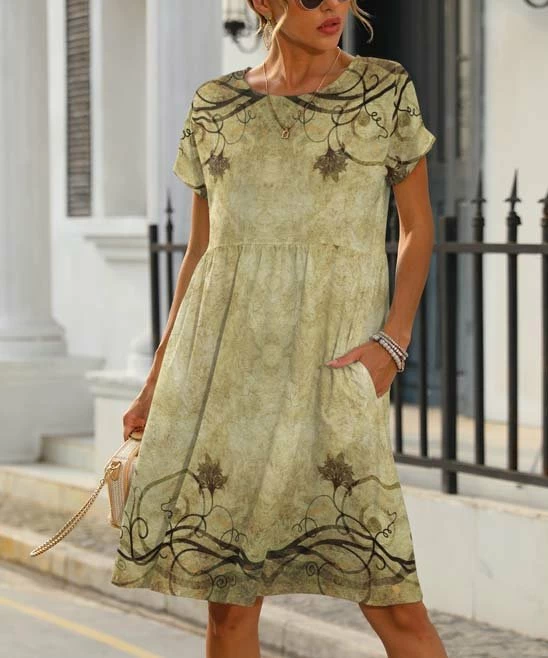 Top 10 β Pink Daisy Olive & Cream Floral Empire-Waist π Dress - Plus π