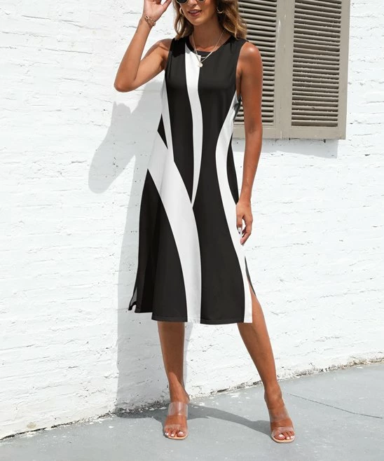 Top 10 β Pink Daisy Black & White Abstract Sleeveless π Dress - π© Women & Plus π₯°