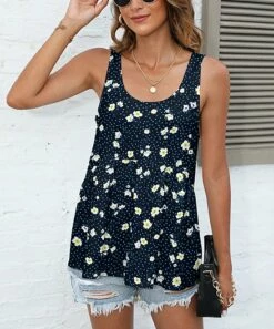 Cheap 🔔 Pink Daisy Navy Floral Speckle Scoop Neck Tank - 👩 Women 😍