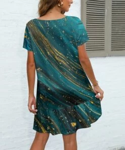 Brand new ✔️ Pink Daisy Blue & Black Marbled Ruffle-Hem Shift 👗 Dress - 👩 Women ⭐